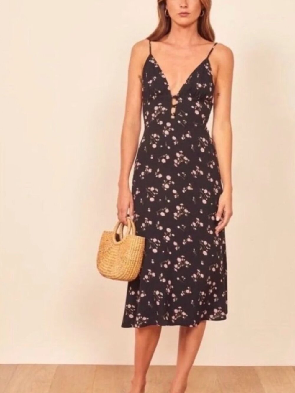 Reformation Black Maxi Slip Dress with Pink Floral Print
